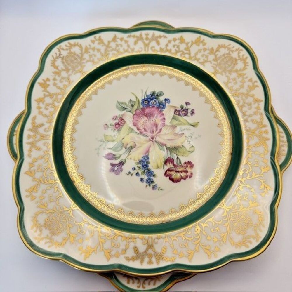 Set Of 2 Royal Bayreuth Bavaria Square Luncheon Plates Floral Green Band ROB460